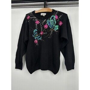 Vintage Bonnie Boerer Black Sweater w/ Gold & Silver Butterfly - Sz. M  Gorgeous